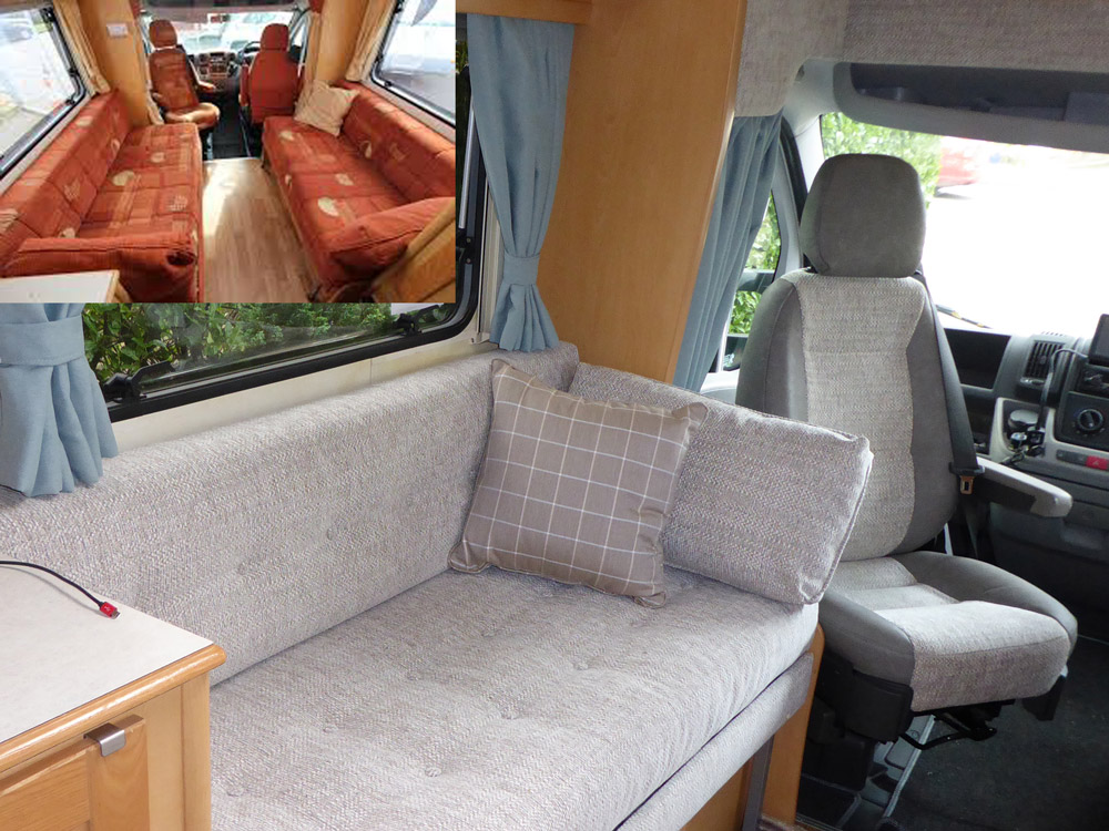 The same motorhome has been transformed with new cushions, upholstery, curtains and furnishings