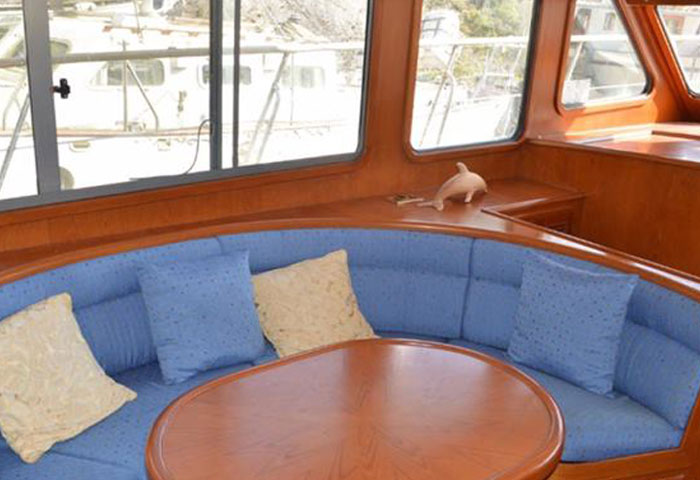 This boat interior is dated and in need of new boat foam cushions and upholstery