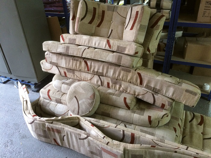 An assortment of caravan furnishings arrive to be re-upholstered