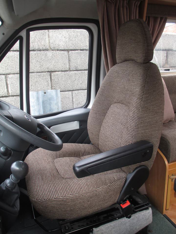 Motorhome cab seat re-upholstery in a hard-wearing modern fabric