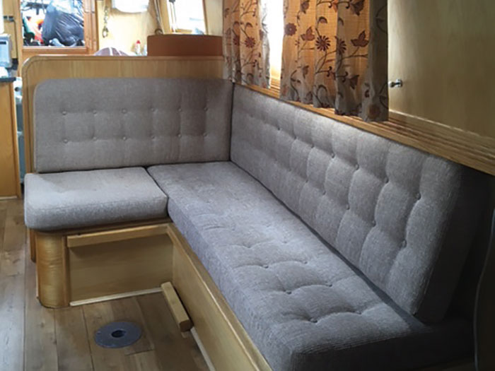 New buttoned foam cushions for a narrowboat seatng area